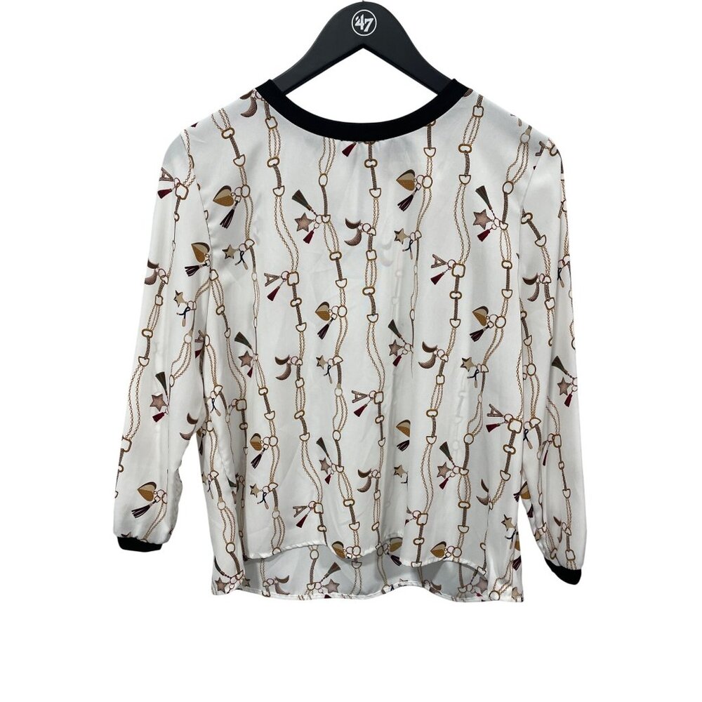 Westmoon Chain Print 3/4 Sleeve Top Women L White Black Office Heart Tassel Star